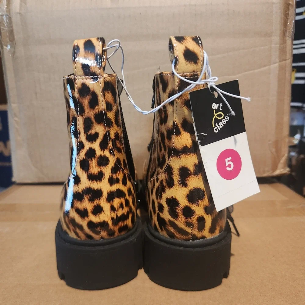 Art Class Girls Leopard Print Patent Combat Boots Side Zip Size 5 Big Kids NEW